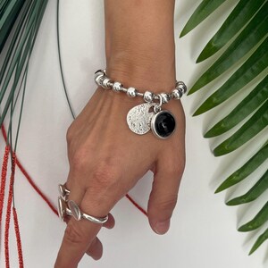 Pulsera de plata para mujer, pulsera de cadena gruesa con piedra negra, pulsera de cadena de bolas gruesa de plata, pulsera estilo Uno de 50, regalo para mujer imagen 2