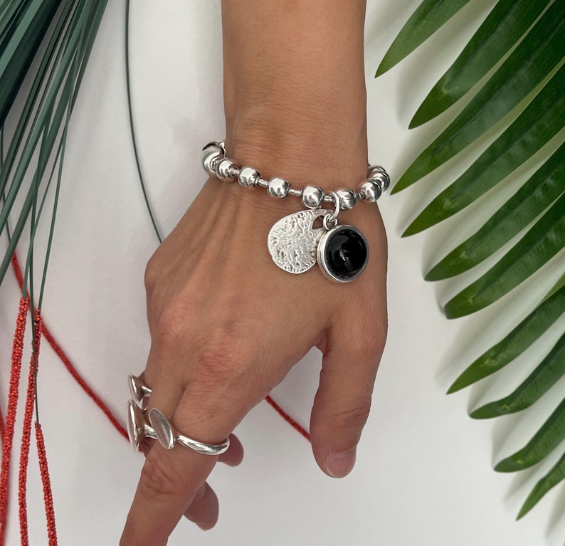 Pulsera de plata para mujer, pulsera de cadena gruesa con piedra negra, pulsera de cadena de bolas gruesa de plata, pulsera estilo Uno de 50, regalo para mujer imagen 2
