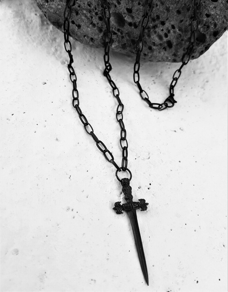 Mens matte black long chain sword necklace rolo chain unisex | Etsy