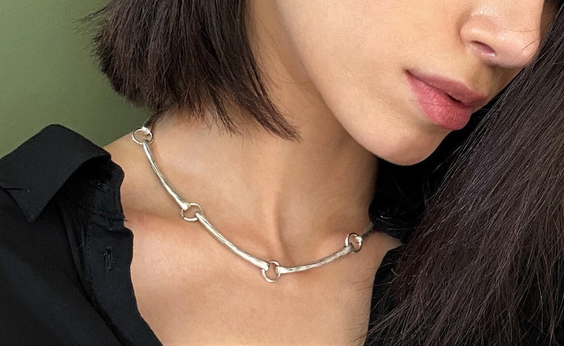 Long Curved Links Adjustable Choker• Rock Style Costume Piece Necklace• Minimal Dark Silver Short Necklace• by AnAngelsHug• Gift For Her