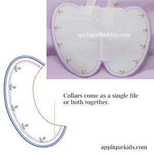 May include: A white fabric collar with a purple embroidered edge and small floral motifs. The text 'appliqueforkids.com' is visible. A digital design preview shows the collar shape with blue outlines and the text 'Collars come as a single file or both together.'