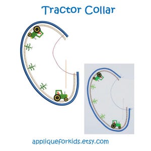 Puede incluir: Un diseño de bordado de cuello de tractor curvo con tractores verdes y pequeñas plantas verdes a lo largo de un borde azul. El texto Tractor Collar y la dirección web appliqueforkids.etsy.com son visibles en azul sobre fondo blanco.
