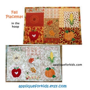 May include: Two rectangular fabric placemats featuring autumn-themed patchwork designs with embroidered motifs of apples, pumpkins, corn, and leaves. The text "Fall Placemat in the hoop" and "appliqueforkids.com" and "appliqueforkids.etsy.com" is visible.