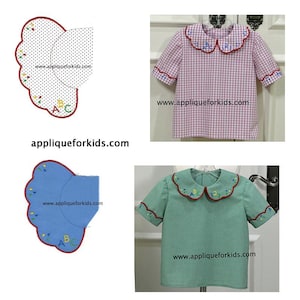 May include: Two short-sleeved shirts with scalloped collars featuring embroidered letters and numbers. One shirt is pink and white gingham, the other is solid green. Two separate scalloped collar pieces are shown, one white with black dots and one solid blue, both with embroidery and the text appliqueforkids.com.