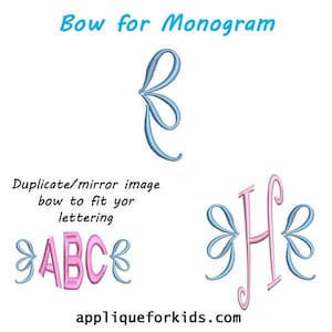Peut inclure: Un motif de broderie avec un nœud bleu clair, accompagné du texte Bow for Monogram, Duplicate/mirror image bow to fit yor lettering et appliqueforkids.com. Le motif présente des lettres roses ABC et H entourées de nœuds bleu clair.