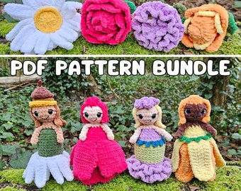 Pattern Bundle - Remi Rose, Cara Carnation, Tallulah Tulip, Dixie Daisy Flower Fairies Crochet Pattern, Reversible Amigurumi doll