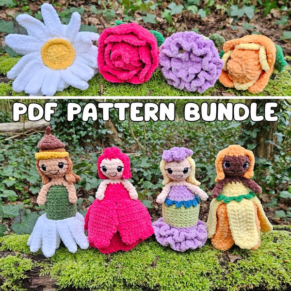 Lot de motifs - Rémi rose, oeillet Cara, tulipe Tallulah, motif au crochet Dixie Daisy Flower Fairies, poupée Amigurumi réversible