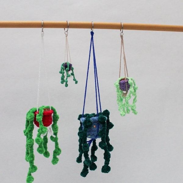 Mini Hanging Plant Crochet Pattern, spring decor, crochet flowers, car hangers, boho vibes, fake plants,