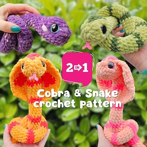 Puede incluir: Patrón de crochet para una cobra y una serpiente. La cobra es naranja y rosa, la serpiente es rosa y blanca. El patrón es 2 en 1.