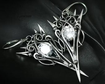 Sterling Silver earrings gift for her elven fantasy wire wrap silver earrings gothic witchy jewelry cubic zirconia vampire jewellery