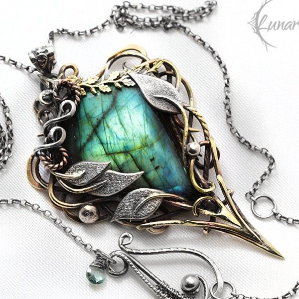 Silver Brass Wire wrapped necklace gift gothic fantasy green blue Labradorite pendant jewelry floral leaf vintage elven Victorian gothic