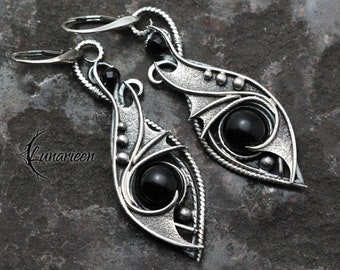 Sterling Silver Wire Wrapped Gothic Fantasy Dragon Wings Filigree Ornate Earrings, Solid Silver and Black Onyx, Unique Gift Jewelry for Her