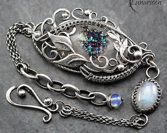 Handmade Sterling Silver Wire Wrap Ornate Filigree Floral Gothic Bracelet, Druzy Agate, Rainbow Moonstone, Unique Jewelry Jewellery Gift