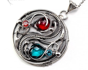 Sterlin Silver Wire wrapped Necklace Pendant Yin Yang Gothic Blue Red Quartz Unisex Unique Jewellery Jewelry Gift