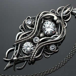 Sterling Silver Wire wrapped gothic fantasy elven elvish witchy pendant necklace, unique jewelry jewellery unisex gift