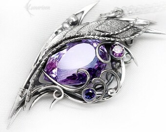 Silver Wire wrapped necklace wire wrap Alexandrite gothic goth dragon evil eye fantasy pendant silver unique jewellery jewelry