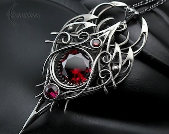 Sterling Silver, Large Fantasy Gothic style Necklace Pendant, Red Cubic Zirconia, Vampire Elven Witchy Jewellery, Unisex Unique gift