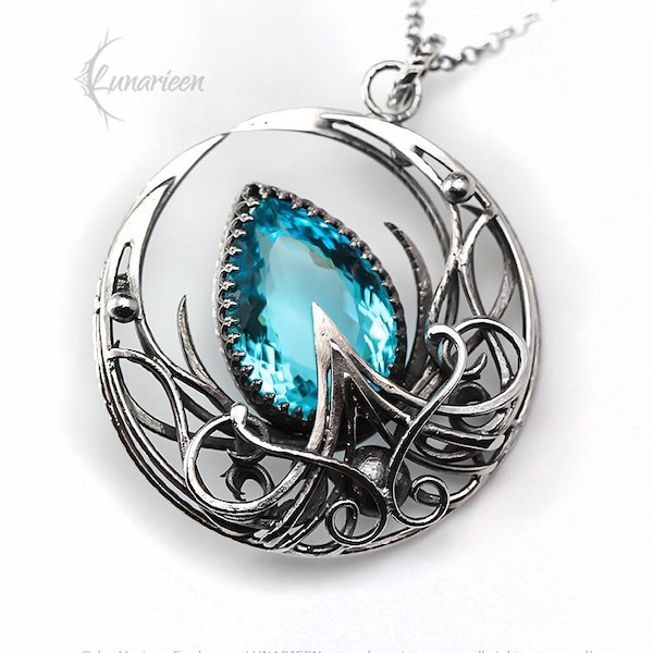 Sterling Silver Crescent Moon Filigree Necklace Round Pendant, Blue Aquamarine, Fantasy Elvish Gothic, Unisex Unique Gift Jewelry