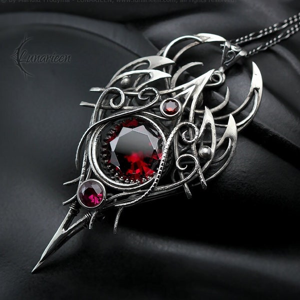 Argent sterling, grand pendentif de collier de style gothique fantastique, zircone cubique rouge, bijoux vampire elfique sorcière, cadeau unique unisexe
