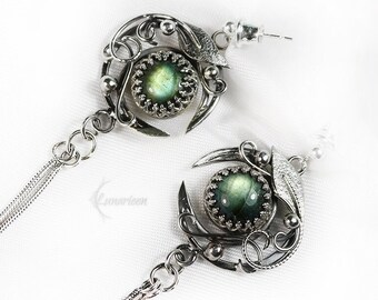 Sterling Silver Green Labradorite Floral Long earrings gift for her elven fantasy wire wrap gothic witchy jewelry crescent moon jewellery