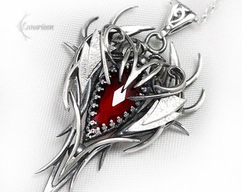 Sterling Silver wire wrap Fantasy Gothic pendant necklace, Red Quartz, Unique Gift, Elven, Elvish Jewelry Vampire Jewellery Dragon