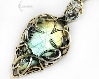 Brass Silver necklace Labradorite jewelry Elven pendant fantasy elvish gothic witchy vampire fashion unique gift wire wrapping jewellery