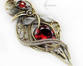 Silver Brass Garnet Zirconia Floral necklace jewelry Elven pendant fantasy elvish gothic witchy vampire fashion unique gift