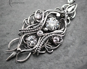 Sterling Silver Wire wrapped gothic fantasy elven elvish witchy pendant necklace, unique jewelry jewellery unisex gift