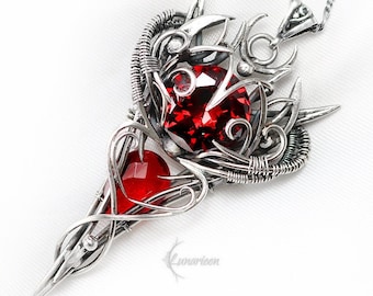 Sterling Silver, Fantasy Gothic Necklace Pendant, Red Quartz, Zirconia Vampire Elven Witchy, Unisex Unique Jewellery Jewelry Gift Garnet