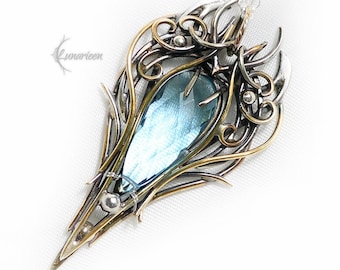 Silver Brass Blue Quartz necklace jewelry Elven pendant fantasy elvish gothic witchy vampire fashion unique gift