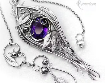 Sterling Silver Wire wrapped Floral Filigree Necklace Pendant Purple Amethyst Fantasy Elven Elvish Unique Gift Jewellery Jewelry