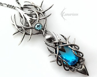 Sterling Silver Gothic Vampire unique necklace Blue Quartz  gift jewellery jewelry fantasy dark gothic pagan demonic unique pendant