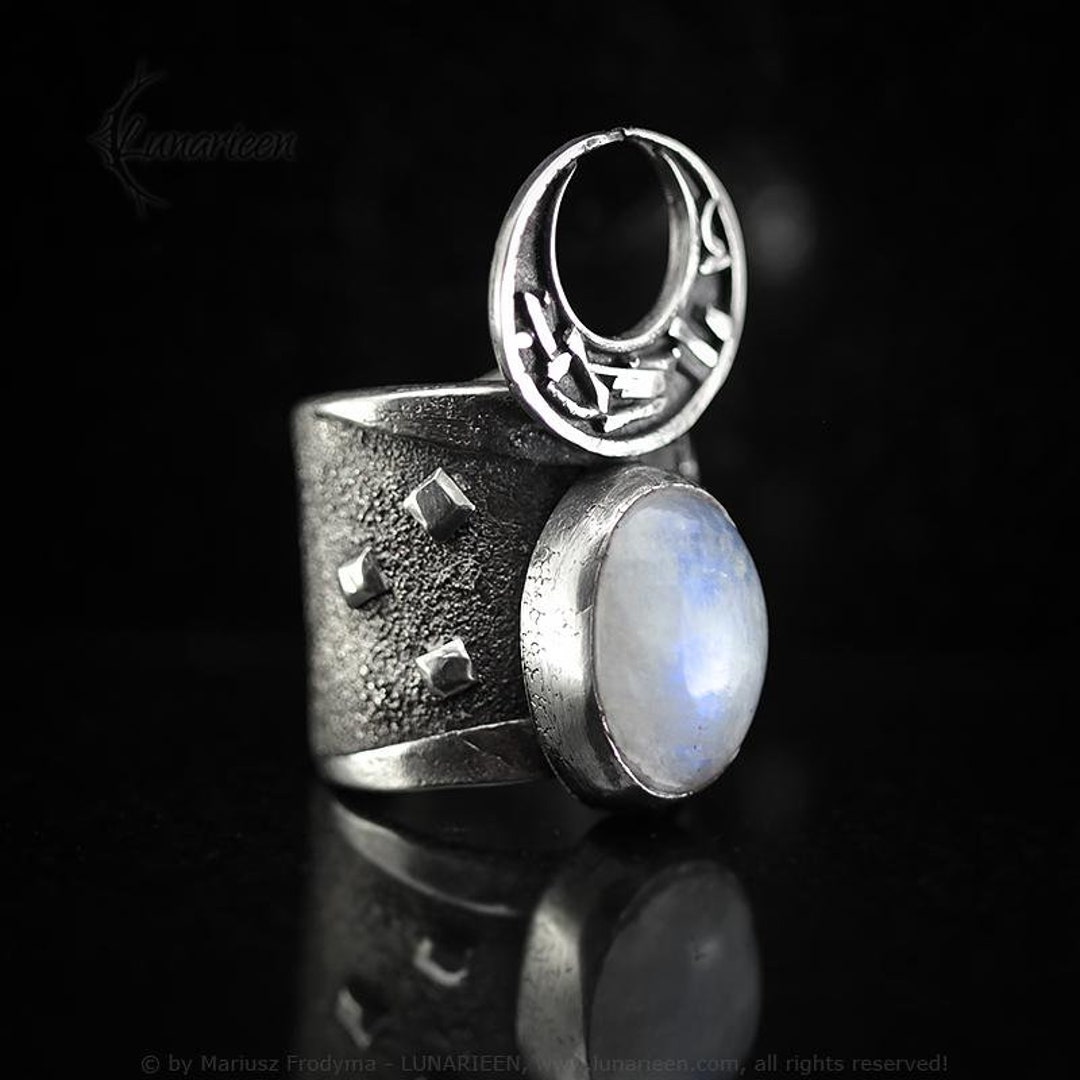 Handcrafted Sterling Silver Moonstone Ring: Brutalist Crescent