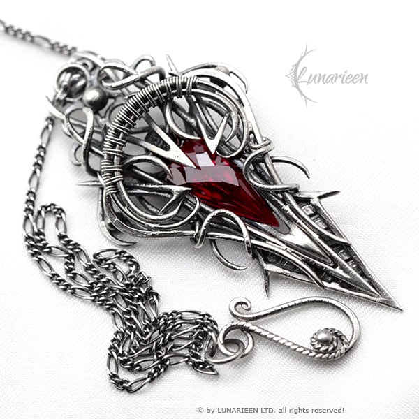 Sterling Silver, Fantasy Gothic Style Necklace Pendant, Red