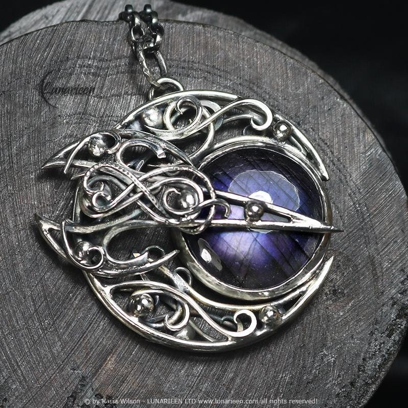 Sterling Silver Crescent Moon Necklace: Purple Labradorite Gothic 