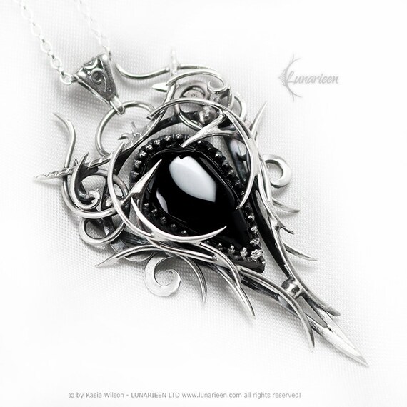 Silver Necklace Black Onyx Jewelry Elven Pagan Pendant Fantasy