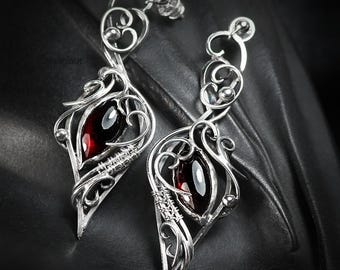 Sterling Silver Garnet Elven Earrings: Gothic Vampire Jewelry