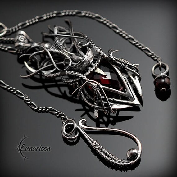 Sterling Silver, Fantasy Gothic Style Necklace Pendant, Red