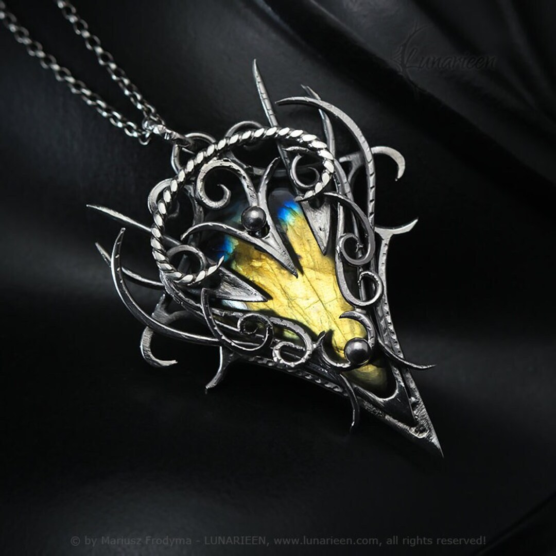 Sterling Silver, Fantasy Dark Gothic Style Necklace Pendant, Golden