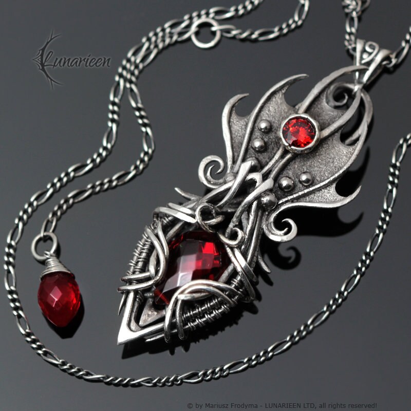 Sterling Silver, Fantasy Gothic Style Necklace Pendant, Red