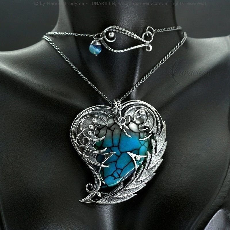 Sterling Silver Wire Wrapped Necklace Dragon’s Heart Gothic Fantasy Blue Dragon Veins Agate Pendant  Unique Handmade Jewelry Jewellery