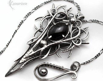 アクセサリー vintage onyx gothic silver necklace Large Vintage Black Onyx Gothic Style Filigree Necklace