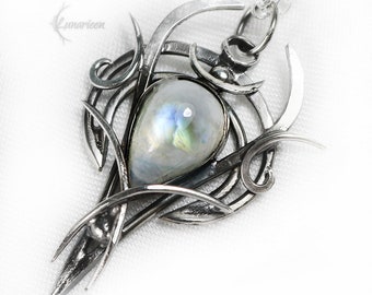 Sterling Silver pendant necklace wire wrap Rainbow Moonstone gothic fantasy style elven unique jewellery jewelry gift vampire witchy