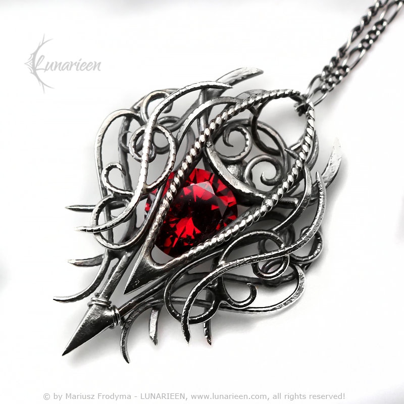 Sterling Silver, Fantasy Gothic Style Necklace Pendant, Red