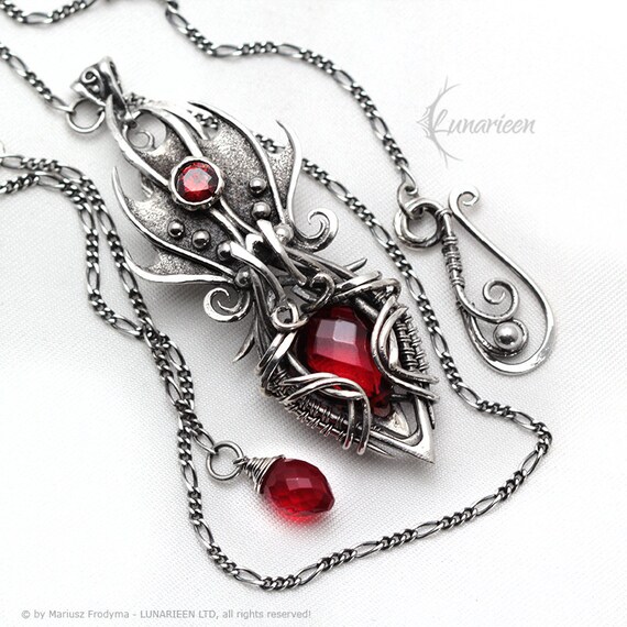 Sterling Silver, Fantasy Gothic Style Necklace Pendant, Red Sterling Silver, Fantasy Gothic Style Necklace Pendant, Red