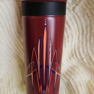 Awesome 26 oz flat dark red thermal insulated tumbler with a fantastic hand painted pinstriped  design.