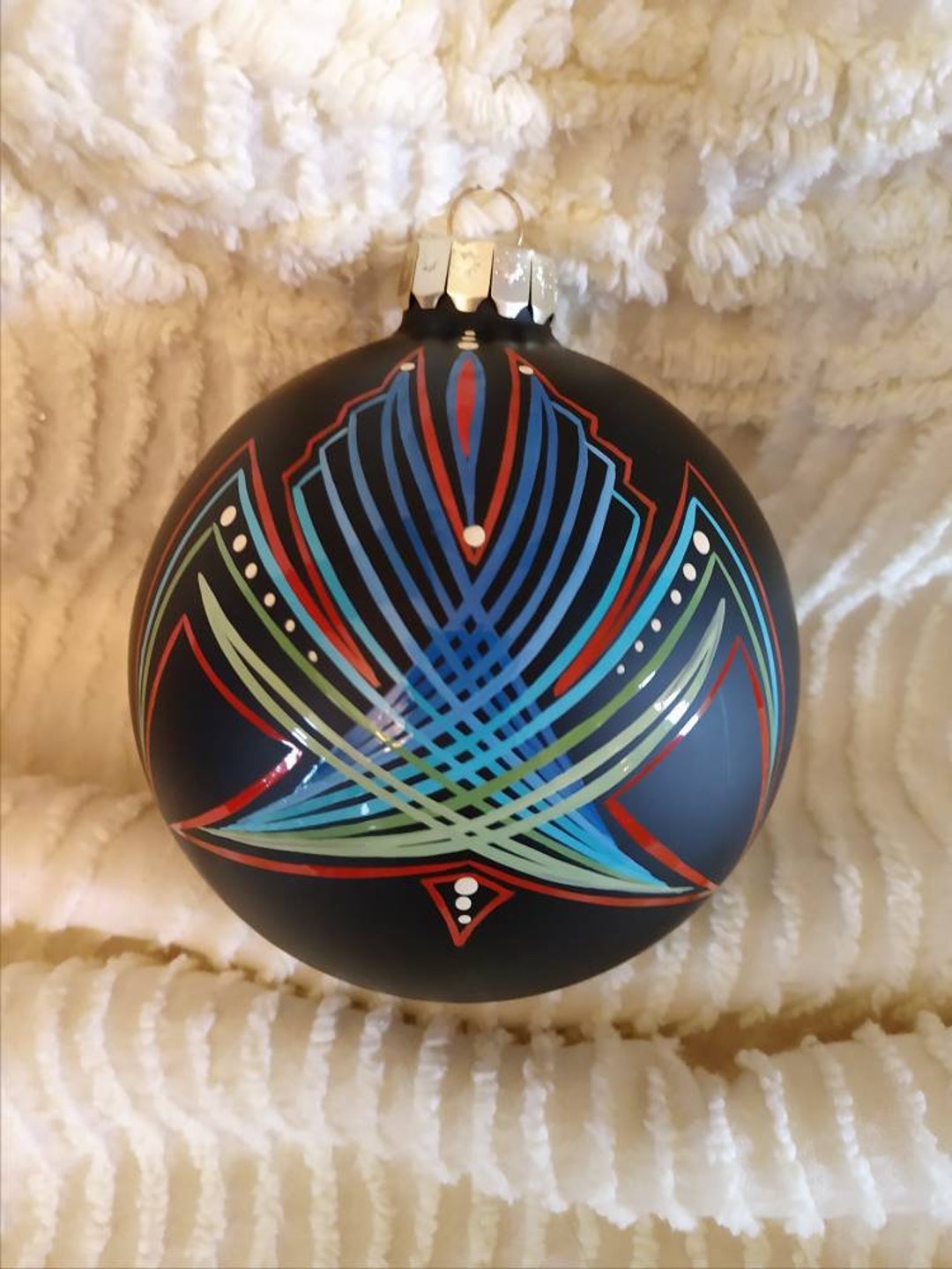 One Amazing 4 Black Glass Ornament With Hand Pinstriped Etsy