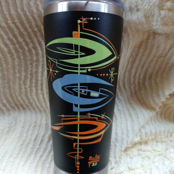 Awesome 26 oz flat black thermal insulated tumbler with a fantastic mid century design hand painted.