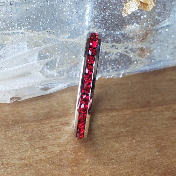 Ruby Eternity Band, Red Crystals, Channel Stackable Ring, July Birthstone