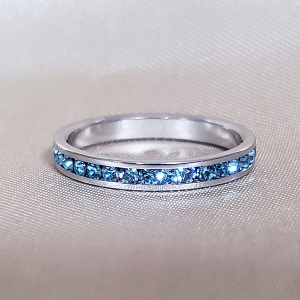 Aquamarine Crystal Eternity Band, Stackable Aqua March Birthstone Ring, Channel Set Round Cut 3mm Wedding Band, Sizes 5-10